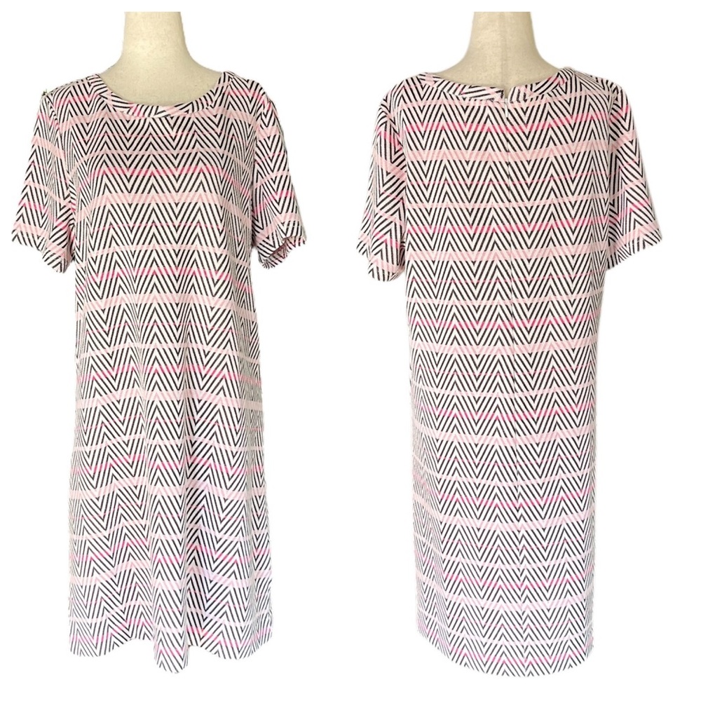 Tyler Boe shift dress with a pink and black geometric pattern